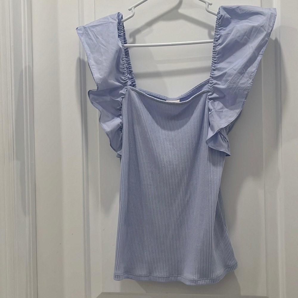 A new Day Ribbed ruffled sleeve top- Baby blue- Size L- NWT
